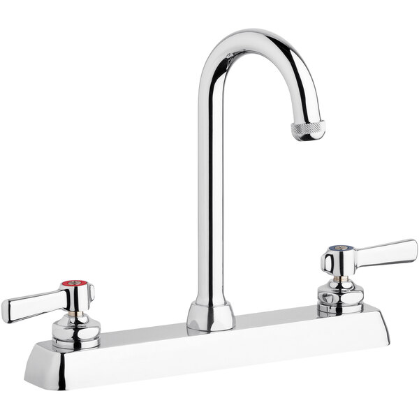 A silver Chicago Faucets deck-mounted faucet with two handles and a gooseneck spout.