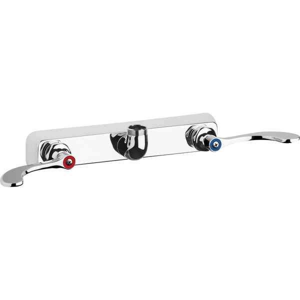 A silver Chicago Faucets wall-mounted base with 8" fixed centers and 4" wristblade handles for two faucets.