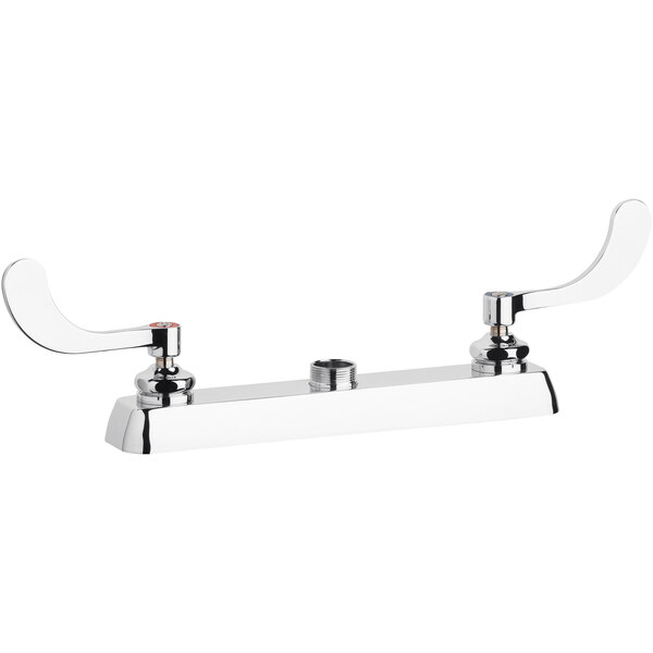 A silver Chicago Faucets deck-mounted base with metal nuts and rectangular holes.