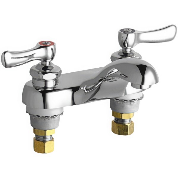 A Chicago Faucets deck-mounted faucet in chrome with two handles.