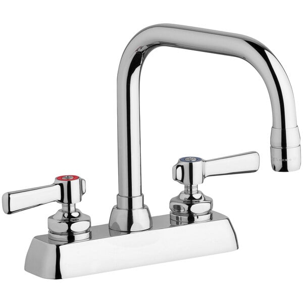 A silver Chicago Faucets deck-mounted faucet with two lever handles.