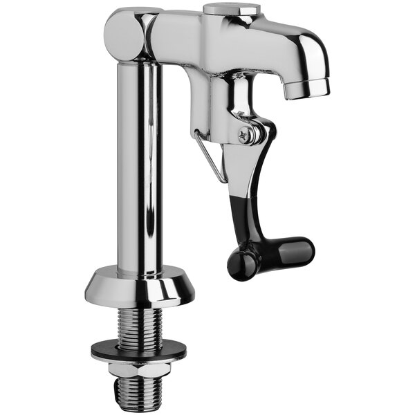 A silver Chicago Faucets deck-mounted glass filler with a black handle.
