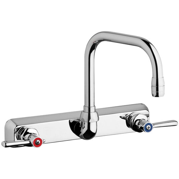 A silver Chicago Faucets wall-mounted faucet with blue and red handles.