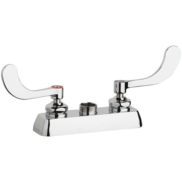 A silver Chicago Faucets deck-mounted spoutless faucet base with 4" centers and two wristblade handles.