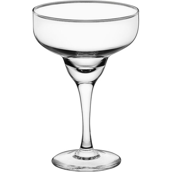 A clear glass Acopa margarita glass with a stem.