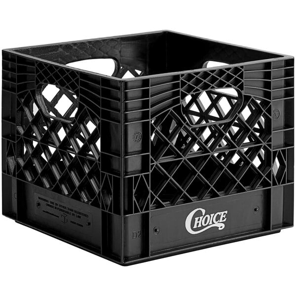 A black plastic Choice milk crate with holes.