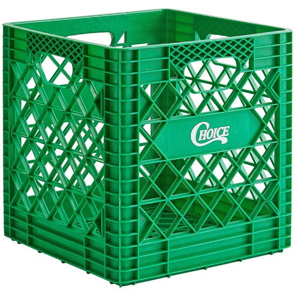 A green plastic Choice crate with white text.