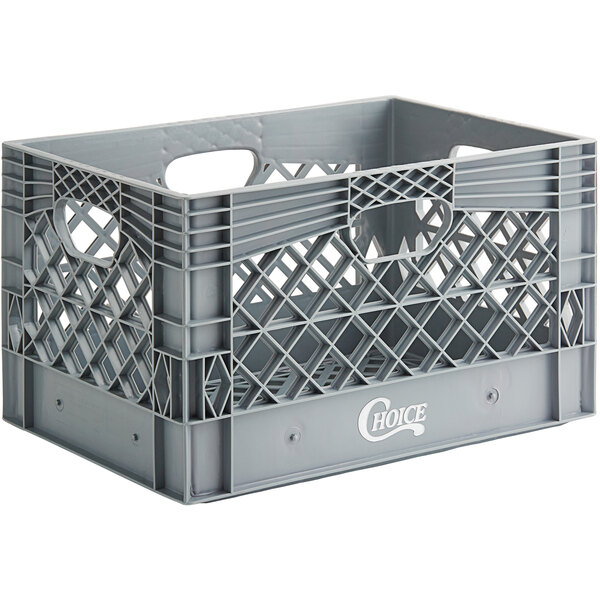 A gray plastic Choice rectangular milk crate with handles.