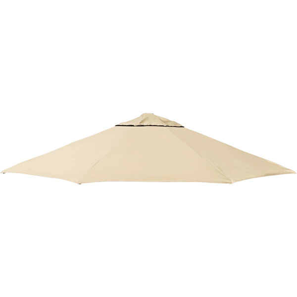 An antique beige California Umbrella Sunbrella canopy with a black band.