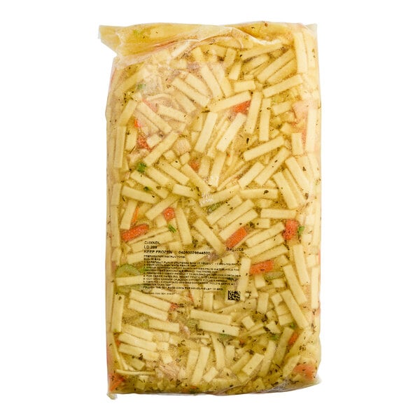 A case of Chef Francisco Chicken Noodle Soup with a label.