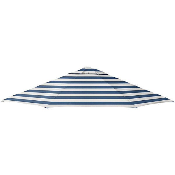 A blue and white striped California Umbrella canopy.