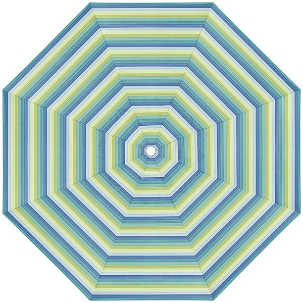 A California Umbrella Seville Sunbrella replacement canopy with blue and green stripes.