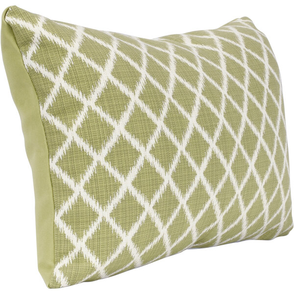 An Astella Lavalier Palm and Pesto throw pillow with a geometric pattern in green and white.