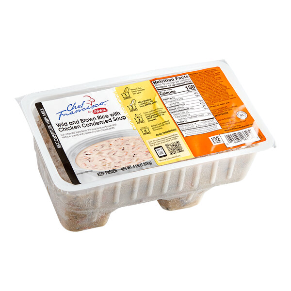 A plastic container of Chef Francisco Wild and Brown Rice with Chicken Soup.