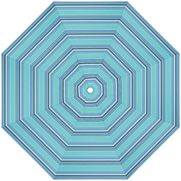 A close-up of a blue and white striped California Umbrella canopy.