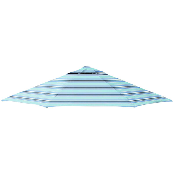 A close-up of a blue striped California Umbrella canopy with black stripes.