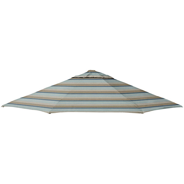 A close-up of a blue and brown striped California Umbrella canopy with a cone shaped top.