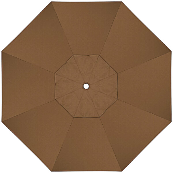A top view of a brown California Umbrella with a white center.