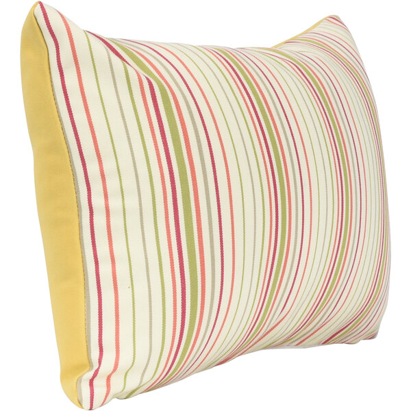 An Astella Donovan outdoor throw pillow with yellow, green, and pink stripes and a yellow edge.