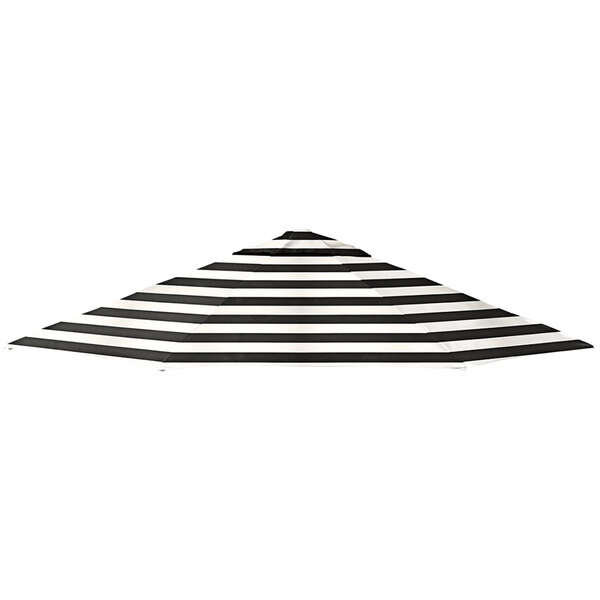 A black and white striped California Umbrella canopy.