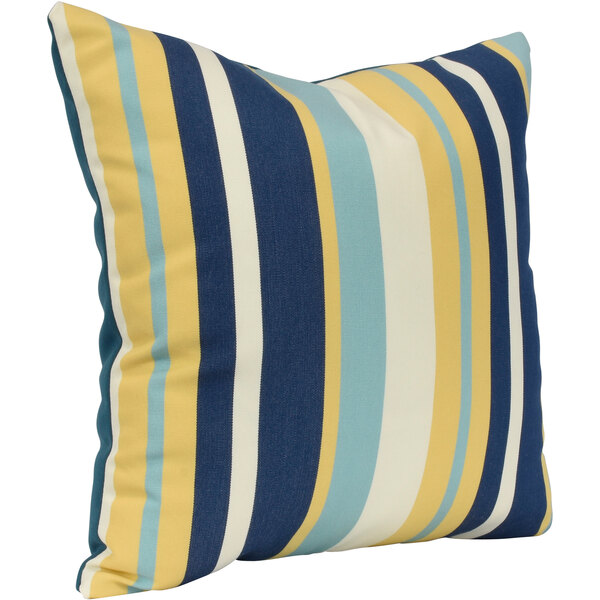 An Astella striped throw pillow with blue and yellow stripes on a white background.