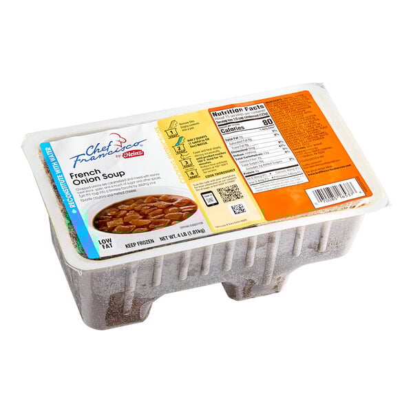 A white container of Chef Francisco Condensed French Onion Soup with a label.