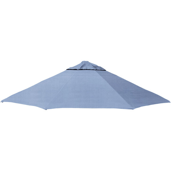 A close-up of a blue California Umbrella with a black canopy.