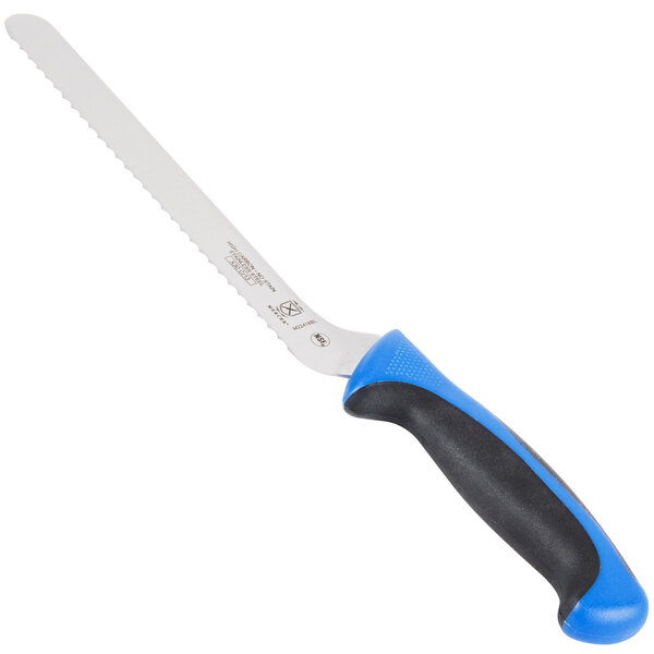 A Mercer Culinary Millennia Colors bread knife with a blue handle.