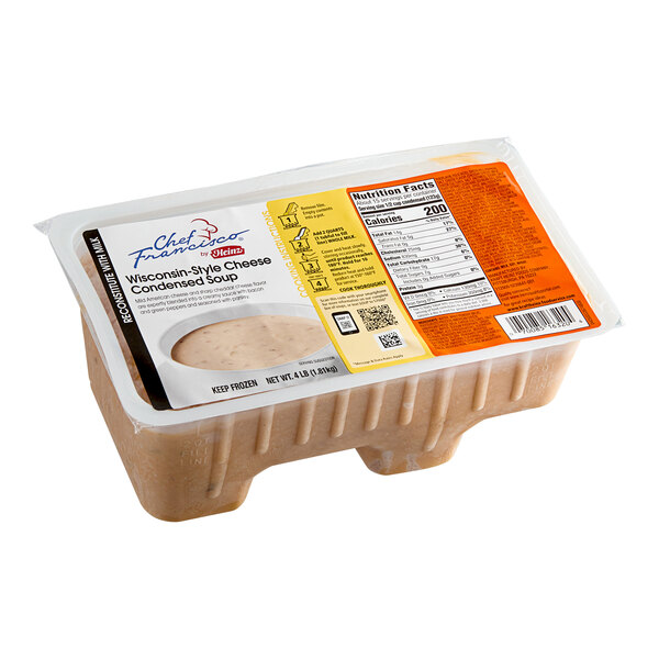 A plastic container of Chef Francisco Wisconsin Cheese Soup with a label.