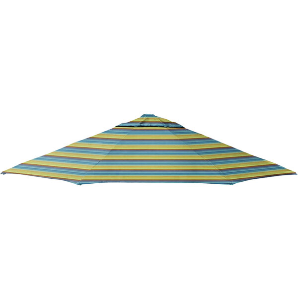 A close-up of a yellow and blue striped California Umbrella canopy.