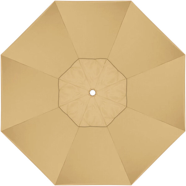 A top view of a tan California Umbrella with a hole in the center.