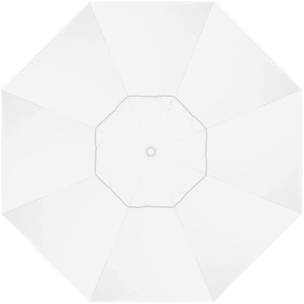 A white umbrella with a circle in the middle.