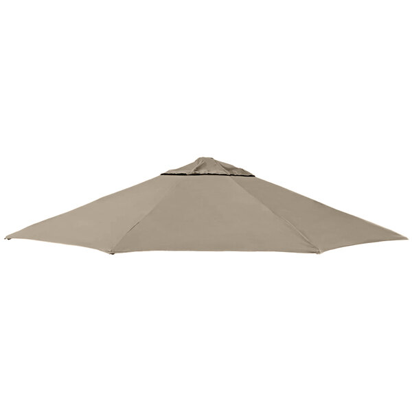 A taupe California Umbrella canopy with a pointed top.