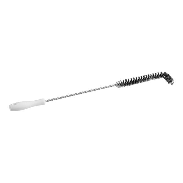 A white and black L-shaped fryer brush with a long white rope and black handle.