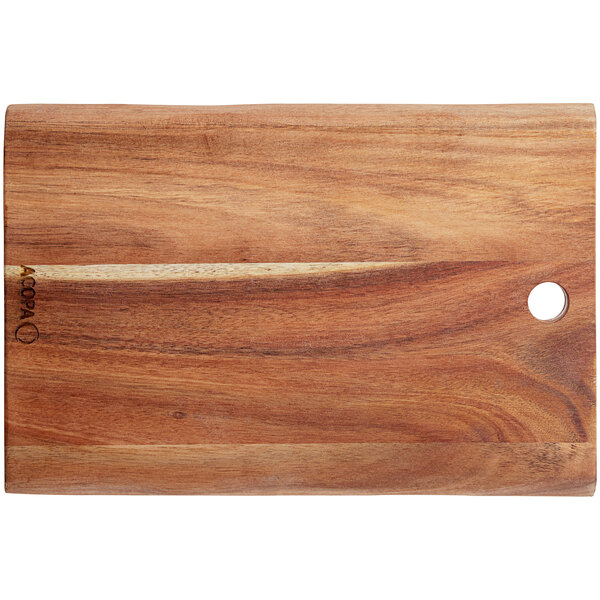 An Acopa Live Edge acacia wood serving board with a hole in the middle.