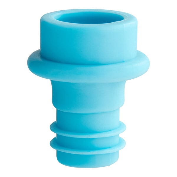 A blue plastic Acopa wine stopper with a white object in the middle.