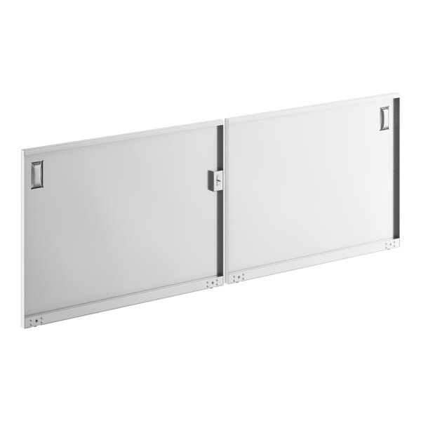A white rectangular board with two metal hinges and sliding doors on it.