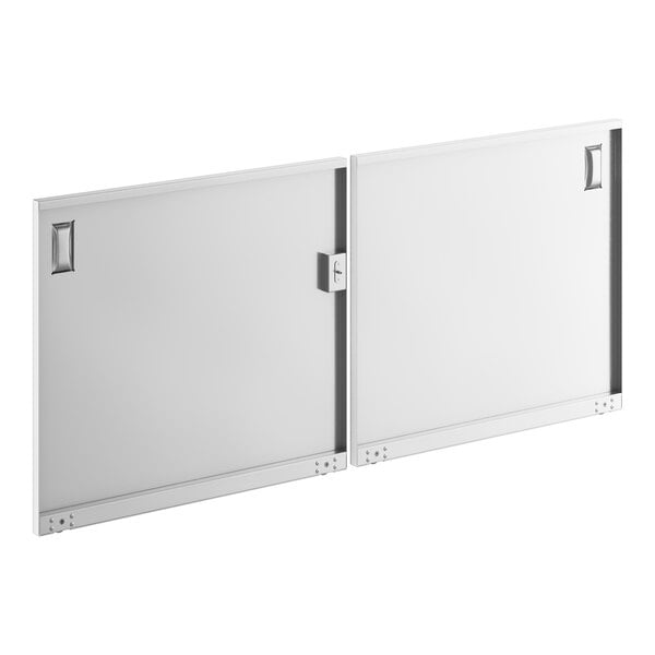 A white rectangular door with a metal frame and two sliding doors.