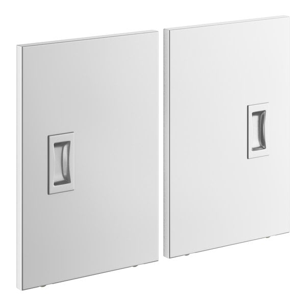 A white rectangular object with two silver handles on the doors.