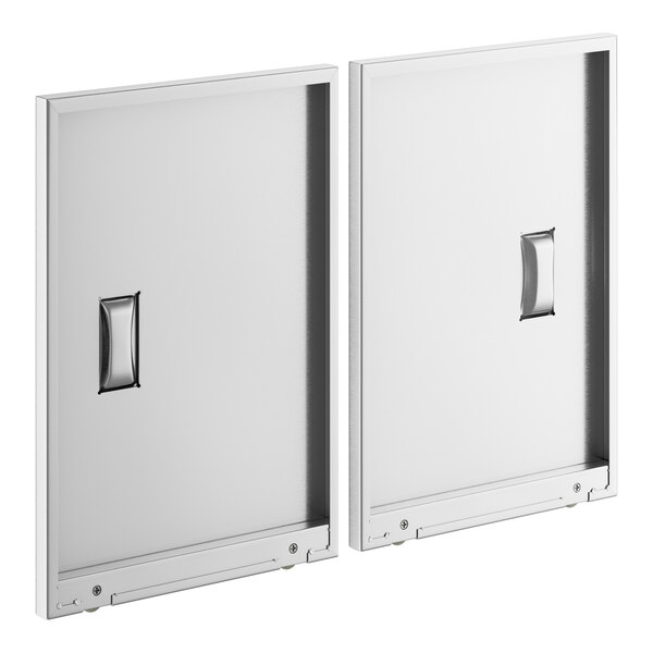 A pair of white rectangular metal doors with latches.