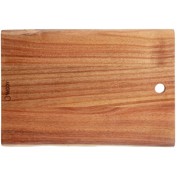 An Acopa Live Edge Acacia wood serving board with a hole in it.