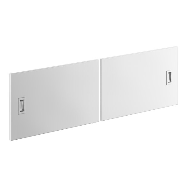 A pair of white rectangular doors with metal handles.