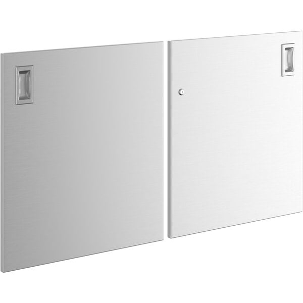 A pair of white rectangular doors with a metal handle and a square hole.