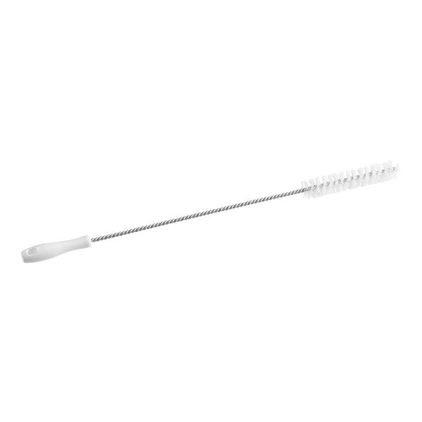 A white brush with a long white handle.