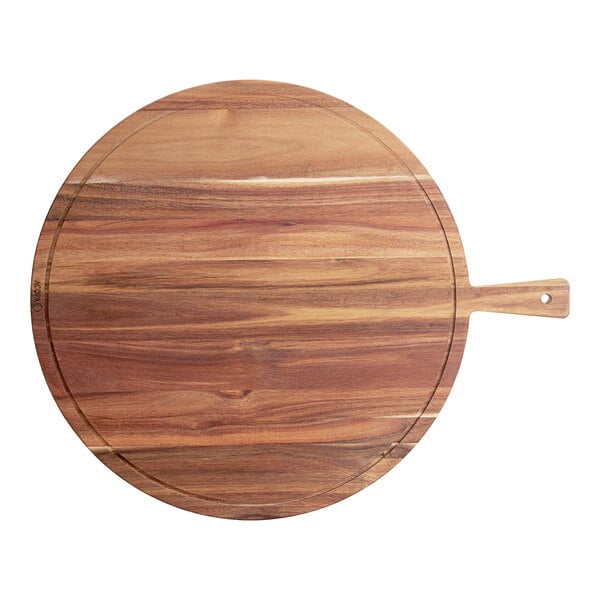 An Acopa acacia wood serving board with a handle.