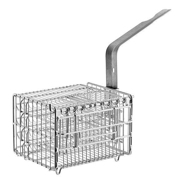 A stainless steel Henny Penny fryer basket with a long metal handle.