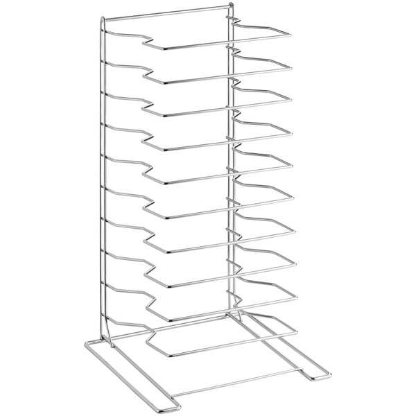 A metal rack with ten shelves for pizza pans.