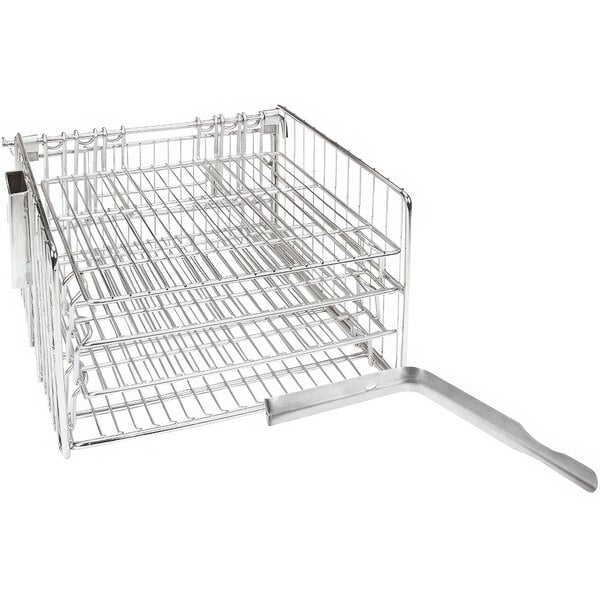 A Henny Penny stainless steel wire rack with three baskets on it and a handle.