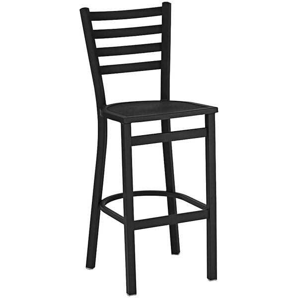 A Holland Bar Stool black metal outdoor ladderback counter stool.