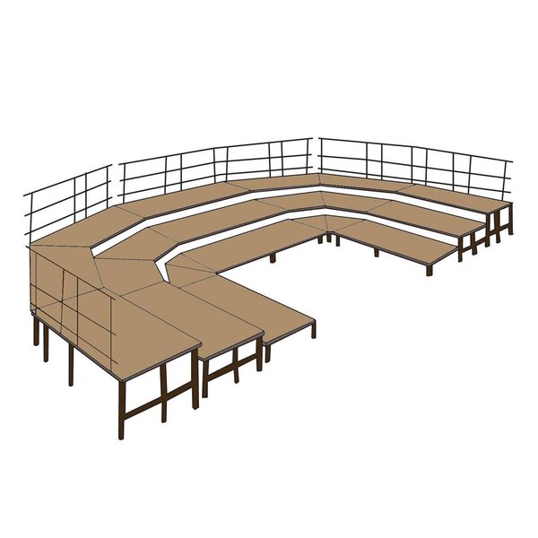 A drawing of a National Public Seating portable stage pie unit with red carpet on a wooden platform.